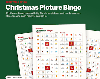 May include: A printable Christmas Picture Bingo game set featuring 12 pages and 30 unique cards. Each white card displays a grid of colorful holiday-themed icons and text labels, including a red center square marked with a yellow star and the word FREE.