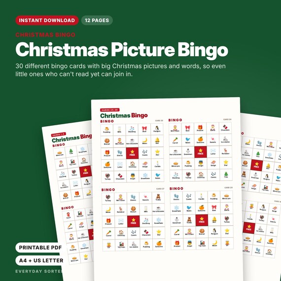 Christmas Bingo Printable, 30 Picture Bingo Cards with Caller Cards, Christmas Party Game for Kids and Families PDF