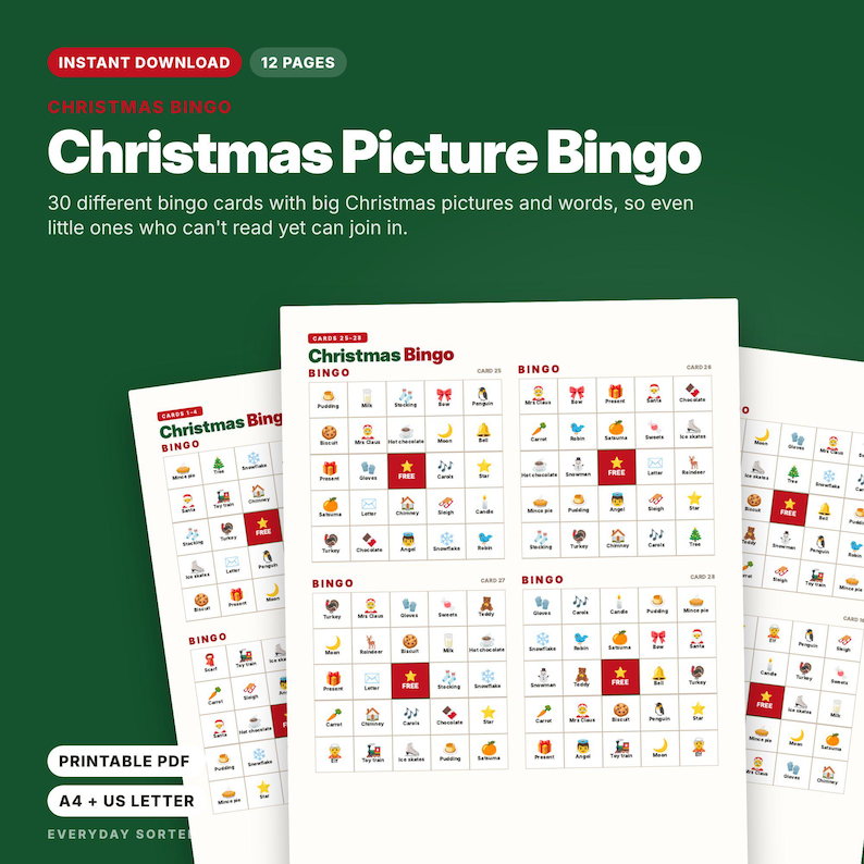 Puede incluir: Un juego de bingo navide&ntilde;o imprimible con 12 p&aacute;ginas y 30 tarjetas &uacute;nicas. Cada tarjeta blanca muestra una cuadr&iacute;cula de iconos coloridos con tem&aacute;tica festiva y etiquetas de texto, incluyendo un cuadro central rojo con una estrella y FREE.