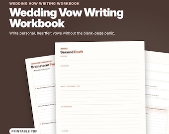 May include: A digital wedding vow writing workbook featuring 11 pages in a printable PDF format. The document includes sections for brainstorming prompts, a second draft with headers for opening, our story, what I love about you, my promises, and closing.