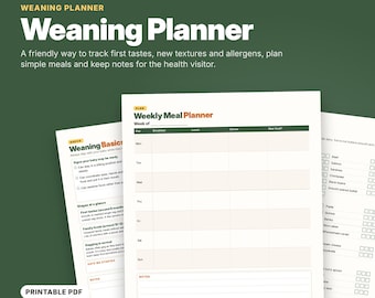 May include: A 10-page digital weaning planner in PDF format, featuring a weekly meal planner, weaning basics guide, and food tracking checklists with columns for breakfast, lunch, dinner, and new foods, designed for A4 and US Letter paper sizes.