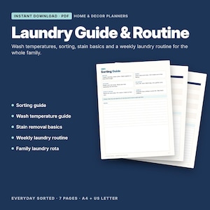May include: A digital Laundry Guide & Routine PDF document featuring a sorting guide, wash temperature guide, stain removal basics, weekly laundry routine, and family laundry rota. The white pages include blue text and lines.