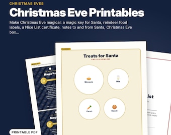 Puede incluir: Un conjunto de 10 páginas imprimibles para Nochebuena que incluye una etiqueta Magic Key, un certificado Nice List y un mantel individual Treats for Santa con iconos circulares para un pastel, leche, una zanahoria y una galleta.
