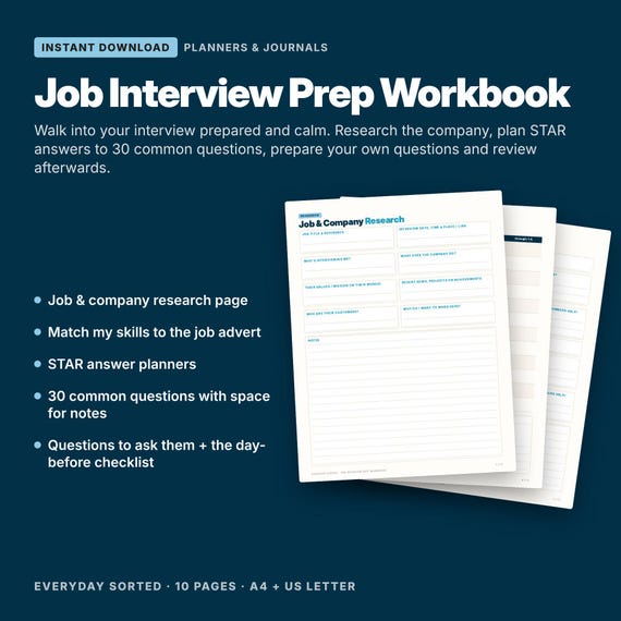 Job Interview Prep Workbook Printable, STAR Method Answer Planner, Interview Questions & Company Research PDF
