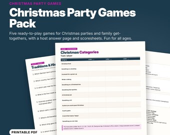 May include: A Christmas Party Games Pack featuring 11 pages of printable PDF activities. The documents include a Christmas Categories game sheet, a Traditions and History trivia page, and answer keys with text in white and dark blue.