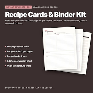 May include: A digital recipe cards and binder kit featuring white paper templates with black text. The sheets include sections for ingredients, method, prep time, cook time, and servings. The kit also contains a kitchen conversion chart.