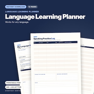 Puede incluir: Un planificador de aprendizaje de idiomas de 12 páginas en PDF imprimible en tamaños A4 y US Letter. El documento incluye un registro de práctica oral con columnas para fecha, tema y confianza, además de una página de objetivos de idioma.