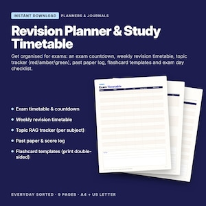May include: A digital Revision Planner & Study Timetable featuring an exam countdown, weekly revision schedule, topic RAG tracker, past paper log, and flashcard templates. The document includes pages for exam timetables with columns for subject, paper, date, time, and score.
