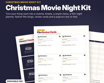 May include: A 10-page Christmas Movie Night Kit printable PDF featuring cinema tickets, film review cards, and a planner. The text includes 'Christmas Movie Night Kit', 'Cinema Tickets', and 'Film Review Cards' with star ratings.