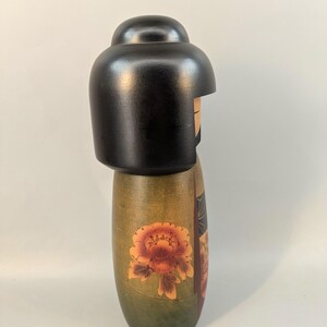 Vintage Japanese Wooden Kokeshi Style Doll 28 cm, Painted Floral Wood Figure, Marked Base image 4