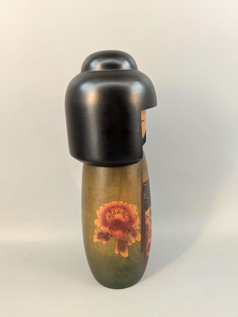 Vintage Japanese Wooden Kokeshi Style Doll 28 cm, Painted Floral Wood Figure, Marked Base image 4