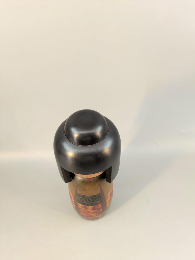 Vintage Japanese Wooden Kokeshi Style Doll 28 cm, Painted Floral Wood Figure, Marked Base image 5