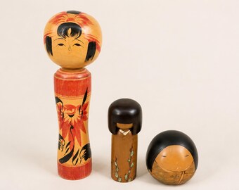 Set of 3 Japanese Wooden Kokeshi Style Dolls, Two Smaller Dolls Marked Usaburo, Shima Onsen Gunma Label, Free EMS