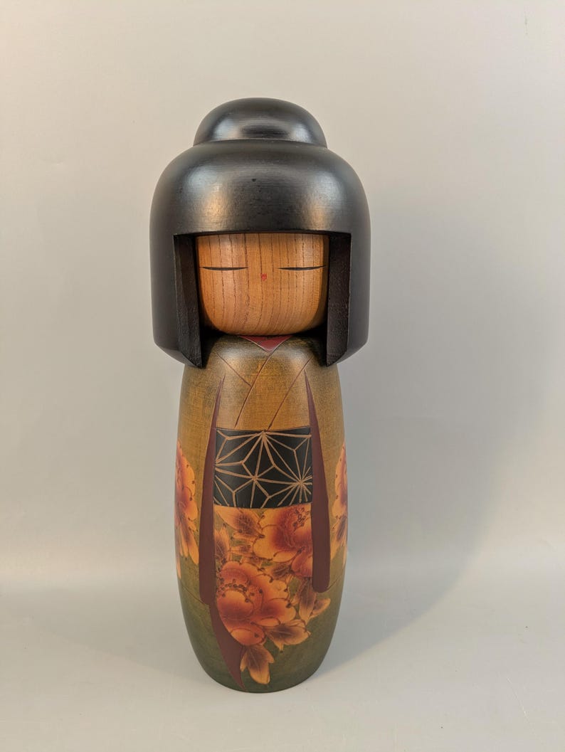 Vintage Japanese Wooden Kokeshi Style Doll 28 cm, Painted Floral Wood Figure, Marked Base image 1