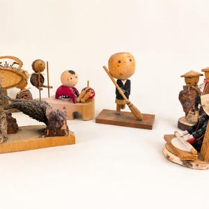 Vintage Japanese Folk Craft Miniature Village Figures Set, Showa Era Wood Dolls image 1