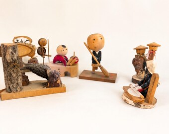 Vintage Japanese Folk Craft Miniature Village Figures Set, Showa Era Wood Dolls