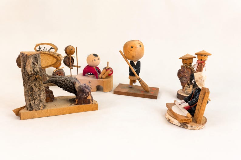 Vintage Japanese Folk Craft Miniature Village Figures Set, Showa Era Wood Dolls image 1