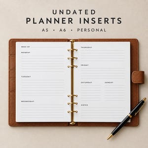 Puede incluir: Una agenda de cuero marrón abierta con hojas blancas sin fecha y texto en negro. Las páginas muestran un diseño semanal con secciones de lunes a domingo y notas. Un mecanismo de seis anillas doradas sujeta las hojas. Un bolígrafo negro se encuentra al lado.