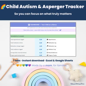 Puede incluir: Un panel digital de seguimiento de autismo y Asperger para Excel y Google Sheets. La interfaz muestra un resumen de citas, registros de medicación, crisis, estado de ánimo y objetivos de progreso. Texto: 7 tabs, Instant download, SheetWisePro.