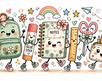 Back to School PNG, Kawaii School Supplies PNG, Teacher Shirt Design, Crayon Apple Pencil Notebook Graphic, Sublimation PNG, School Clipart
