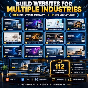 K&ouml;nnte beinhalten: Ein digitales Produktpaket mit 103 HTML-Website-Vorlagen und 9 WordPress-Themes f&uuml;r verschiedene Branchen. Die Grafik zeigt verschiedene Website-Vorschauen, Symbole und den Text 112 total templates and themes, HTML5, CSS3 und WordPress.
