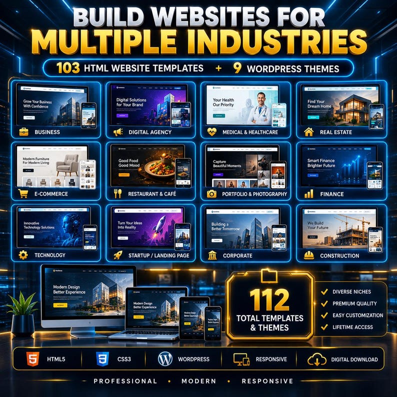 K&ouml;nnte beinhalten: Ein digitales Produktpaket mit 103 HTML-Website-Vorlagen und 9 WordPress-Themes f&uuml;r verschiedene Branchen. Die Grafik zeigt verschiedene Website-Vorschauen, Symbole und den Text 112 total templates and themes, HTML5, CSS3 und WordPress.