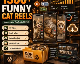 1300+ Funny Cat Reels Bundle | Viral Faceless Pet Videos (Digital Download)