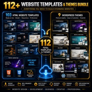 K&ouml;nnte beinhalten: Eine Grafik f&uuml;r ein digitales Produktpaket mit dem Titel 112+ Website Templates & Themes Bundle. Sie zeigt 103 HTML-Vorlagen links in einem blauen Rahmen und 9 WordPress-Themes rechts in einem goldenen Rahmen f&uuml;r verschiedene Branchen.