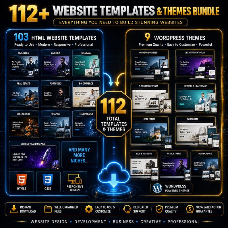 K&ouml;nnte beinhalten: Eine Grafik f&uuml;r ein digitales Produktpaket mit dem Titel 112+ Website Templates & Themes Bundle. Sie zeigt 103 HTML-Vorlagen links in einem blauen Rahmen und 9 WordPress-Themes rechts in einem goldenen Rahmen f&uuml;r verschiedene Branchen.