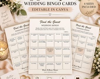 Wedding Guest Bingo, 50 Unique Cards, Editable Canva Template, 4 Sizes, Wedding Icebreaker Game