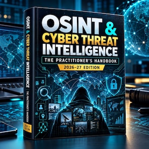 以下が含まれることがあります： OSINT & CYBER THREAT INTELLIGENCE THE PRACTITIONER'S HANDBOOK 2026-27 EDITIONというタイトルのハードカバー本。表紙にはフードを被った人物、デジタル世界地図、南京錠のアイコン、様々なデータ画面が青と黒の配色で描かれています。