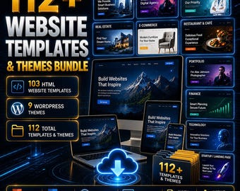 May include: A digital bundle featuring 112+ website templates and themes, including 103 HTML templates and 9 WordPress themes. The display shows various website layouts for business, healthcare, real estate, and e-commerce on multiple devices.