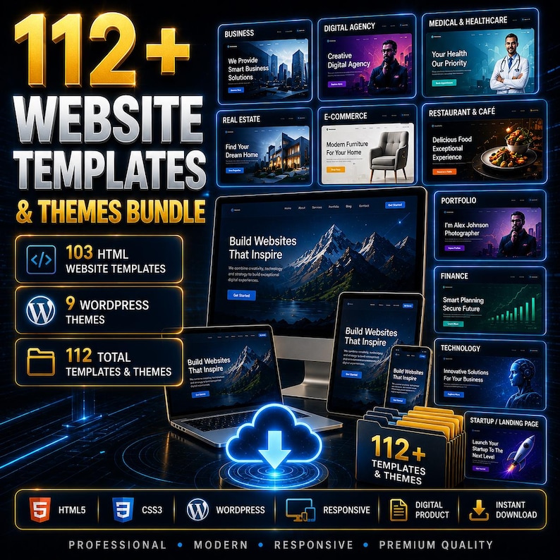 K&ouml;nnte beinhalten: Ein digitales Paket mit &uuml;ber 112 Website-Vorlagen und Themes, darunter 103 HTML-Vorlagen und 9 WordPress-Themes. Die Anzeige zeigt verschiedene Website-Layouts f&uuml;r Business, Gesundheitswesen, Immobilien und E-Commerce auf mehreren Ger&auml;ten.