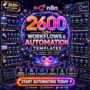 以下が含まれることがあります： n8nワークフローと自動化テンプレートのデジタルグラフィック表示。2600+ ready to import、2600 n8n workflows & automation templates、build automate scale succeed、start automating todayというテキストと、ネオンに輝くアイコンが配置されています。