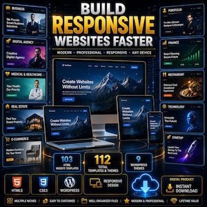 K&ouml;nnte beinhalten: Eine digitale Produktpr&auml;sentation mit Desktop-Monitor, Laptop, Tablet und Smartphone, die responsive Website-Vorlagen zeigt. Der Text umfasst BUILD RESPONSIVE WEBSITES FASTER, 112 TOTAL TEMPLATES & THEMES, 103 HTML-Vorlagen und 9 WORDPRESS-THEMES.