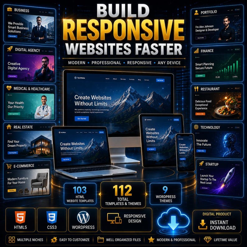 K&ouml;nnte beinhalten: Eine digitale Produktpr&auml;sentation mit Desktop-Monitor, Laptop, Tablet und Smartphone, die responsive Website-Vorlagen zeigt. Der Text umfasst BUILD RESPONSIVE WEBSITES FASTER, 112 TOTAL TEMPLATES & THEMES, 103 HTML-Vorlagen und 9 WORDPRESS-THEMES.