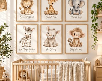 Safari Nursery Wall Art Set of 6, Watercolor Baby Animal Prints, Digital Download