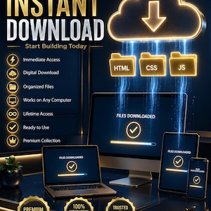 K&ouml;nnte beinhalten: Eine Grafik f&uuml;r digitalen Download mit dem Text INSTANT DOWNLOAD und Start Building Today. Ein leuchtendes Wolkensymbol mit Pfeil zeigt auf drei Ordner mit der Beschriftung HTML, CSS und JS. Bildschirme zeigen FILES DOWNLOADED.