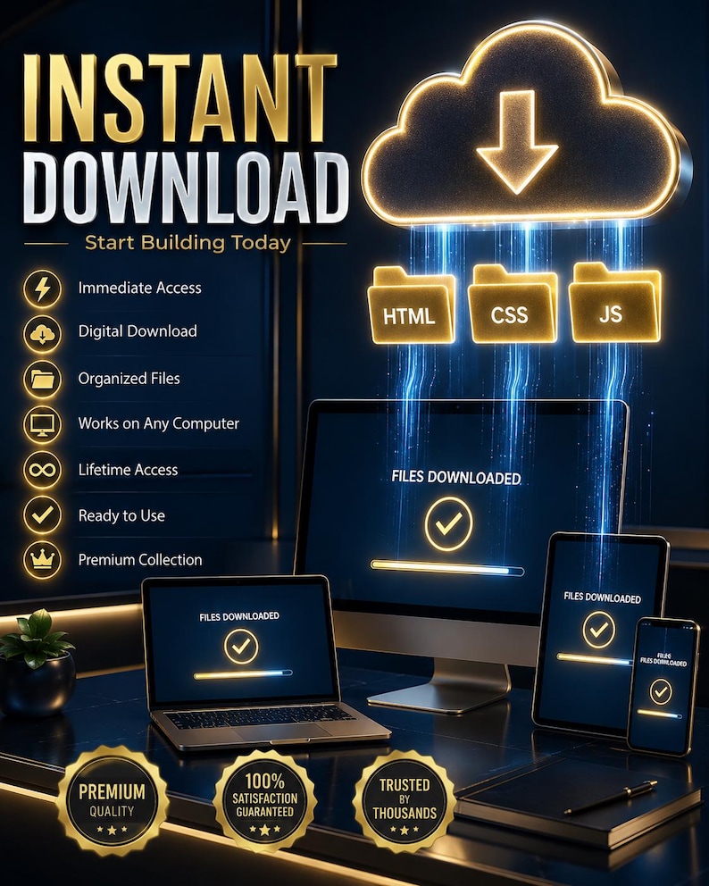 K&ouml;nnte beinhalten: Eine Grafik f&uuml;r digitalen Download mit dem Text INSTANT DOWNLOAD und Start Building Today. Ein leuchtendes Wolkensymbol mit Pfeil zeigt auf drei Ordner mit der Beschriftung HTML, CSS und JS. Bildschirme zeigen FILES DOWNLOADED.