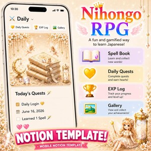 Anime Aesthetic Japanese Learning Notion Template | Kawaii Vocabulary Tracker & Flashcards | Easy Mobile Planner | RPG Gamified Dashboard