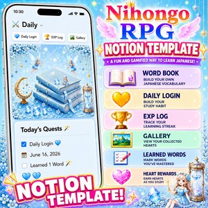 May include: A digital Notion template for learning Japanese titled Nihongo RPG. The interface displays a stack of blue books, a crescent moon, and an hourglass. Features include a Word Book, Daily Login, EXP Log, Gallery, and Heart Rewards.