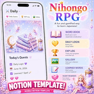 May include: A mobile phone screen displays the Nihongo RPG Notion template with a fantasy-themed interface. The app features a daily quest tracker, a word book, an experience log, a gallery, and a heart rewards system, all decorated with fairy illustrations, crystals, and soft purple and pink floral accents.