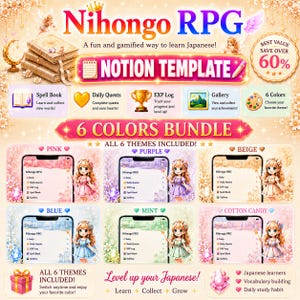 May include: A digital Notion template titled Nihongo RPG for learning Japanese, featuring a 6-colour bundle with pink, purple, beige, blue, mint, and cotton candy themes. The layout includes icons for spell books, daily quests, and experience logs.