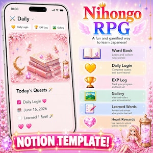 May include: A smartphone screen displaying the Nihongo RPG Notion template with a pink theme. The interface features a daily quest list, a stack of books, and icons for a word book, daily login, EXP log, gallery, learned words, and heart rewards.