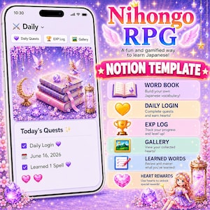 Anime Aesthetic Japanese Learning Notion Template | Kawaii Vocabulary Tracker & Flashcards | Easy Mobile Planner | RPG Gamified Dashboard