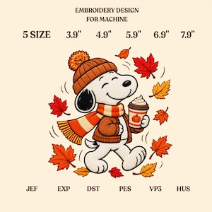 May include: Machine embroidery design featuring a cartoon dog wearing a brown knit hat, a brown jacket, and an orange and white striped scarf, holding a coffee cup with a pumpkin print, surrounded by red and orange autumn leaves.