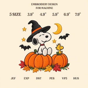 May include: Machine embroidery design featuring a white dog wearing a black witch hat with an orange band, sitting on a pumpkin next to a yellow bird on a smaller pumpkin. Includes stars, a crescent moon, bats, and autumn leaves. Text: EMBROIDERY DESIGN FOR MACHINE, 5 SIZE 3.9" 4.9" 5.9" 6.9" 7.9", JEF EXP DST PES VP3 HUS.