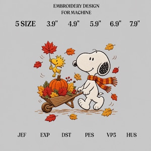 May include: Machine embroidery design featuring a white dog wearing an orange and brown striped scarf, pushing a wooden wheelbarrow filled with a pumpkin and autumn leaves, with a yellow bird holding a red leaf. Text: EMBROIDERY DESIGN FOR MACHINE, 5 SIZE 3.9" 4.9" 5.9" 6.9" 7.9", JEF EXP DST PES VP3 HUS.