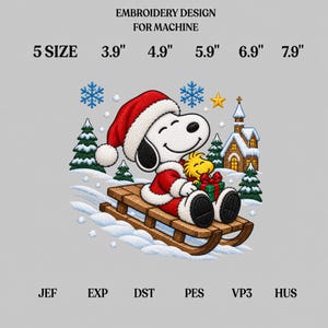May include: Machine embroidery design featuring a cartoon dog in a Santa suit riding a wooden sled with a yellow bird holding a gift. Includes a snowy landscape, pine trees, a church, and snowflakes. Text: EMBROIDERY DESIGN FOR MACHINE 5 SIZE 3.9" 4.9" 5.9" 6.9" 7.9" JEF EXP DST PES VP3 HUS.