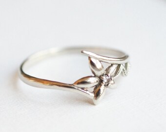 White 10k Gold Flower Ring Genuine Diamond  recycle gold and tiny repurposed genuine diamond